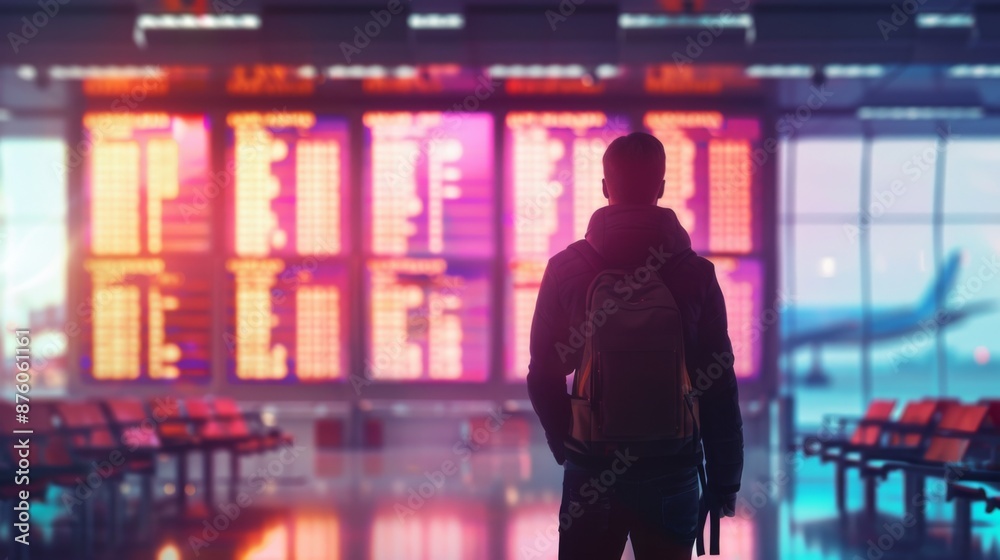 Traveler Waiting at Airport Terminal for Flight Departure. Generative AI Traveler Waiting at Airport Terminal for Flight Departure. Generative AI
