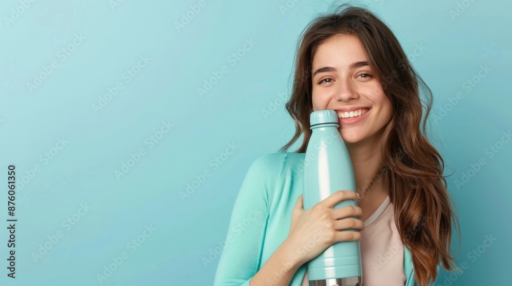 Woman holds insulated water bottle in light blue background. Put your own words here Woman holds insulated water bottle in light blue background. Put your own words here
