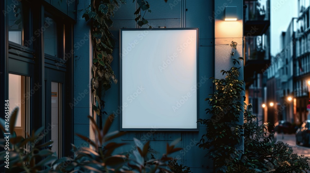 A blank signboard on a city street in the evening, surrounded by plants and softly illuminated by a wall light. A blank signboard on a city street in the evening, surrounded by plants and softly illuminated by a wall light.