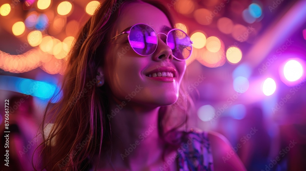 Woman Wearing Sunglasses Smiles at a Nighttime Event. Generative AI