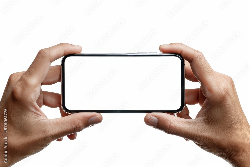 ands Holding a Smartphone Horizontally with a Blank White Screen for Mockup. ands Holding a Smartphone Horizontally with a Blank White Screen for Mockup.