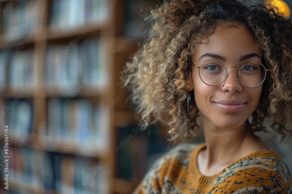 A woman with curly hair and glasses stands confidently in a library, surrounded by bookshelves; the scene exudes a sense of knowledge, wisdom, and quiet dedication. A woman with curly hair and glasses stands confidently in a library, surrounded by bookshelves; the scene exudes a sense of knowledge, wisdom, and quiet dedication.