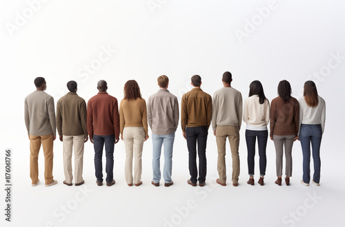 A diverse group of people stands in a row with their backs facing the camera, showcasing unity and diversity