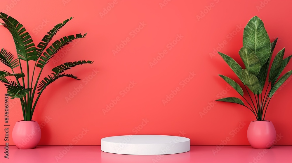A simple geometric podium mockup set against a bright with complementary colors, perfect for creating striking and eye-catching visuals for advertising presentations. Clean and Clear Color, Realistic A simple geometric podium mockup set against a bright with complementary colors, perfect for creating striking and eye-catching visuals for advertising presentations. Clean and Clear Color, Realistic
