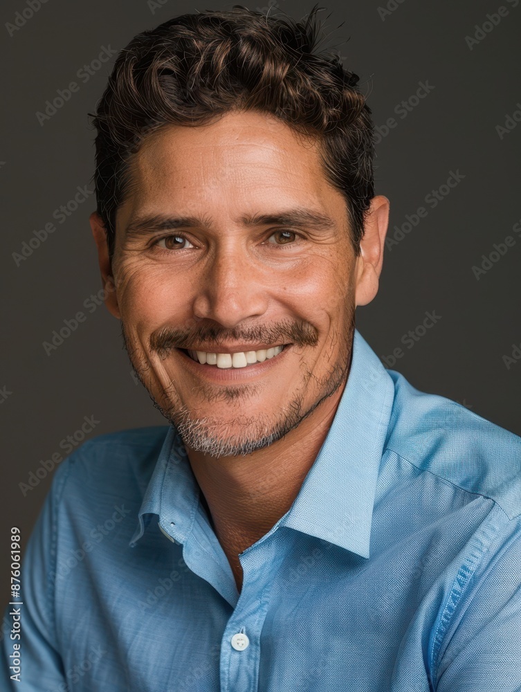 Fototapeta premium Professional Headshot of a happy, smiling Hispanic man in a Blue Shirt.
