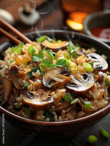 Steaming Bowl of Mushroom Fried Rice Garnished with Fresh Green Onions and Cilantro.