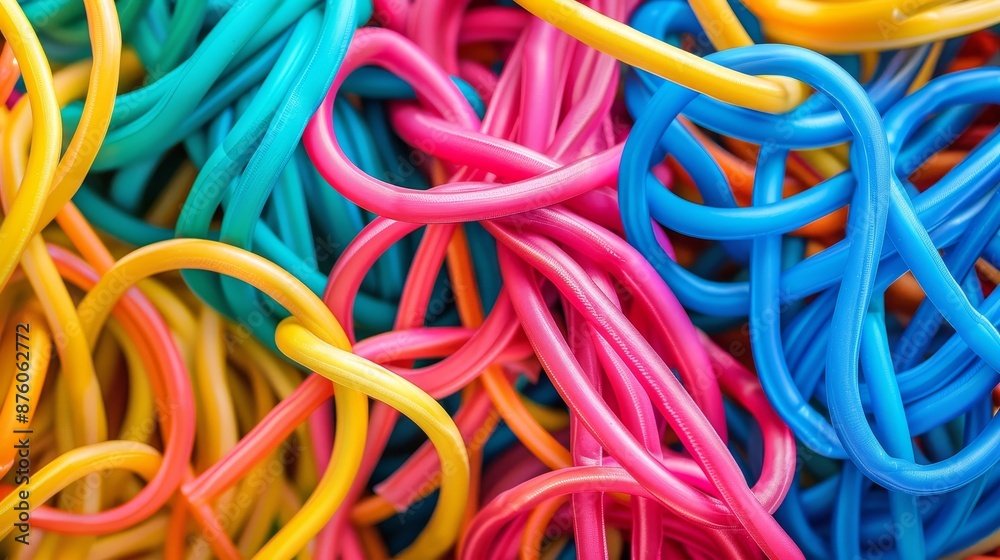 A bunch of colorful rubber bands are tangled together A bunch of colorful rubber bands are tangled together
