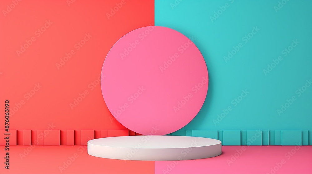 A simple geometric podium mockup set against a bright with complementary colors, perfect for creating striking and vibrant visuals for advertising presentations. Clean and Clear Color, Realistic A simple geometric podium mockup set against a bright with complementary colors, perfect for creating striking and vibrant visuals for advertising presentations. Clean and Clear Color, Realistic