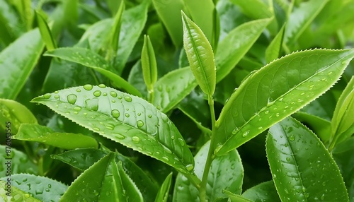 Fresh tea leaves with splashes of rainwater about to be harvested are professionally photographed filling the background. wallpapers. tea photo