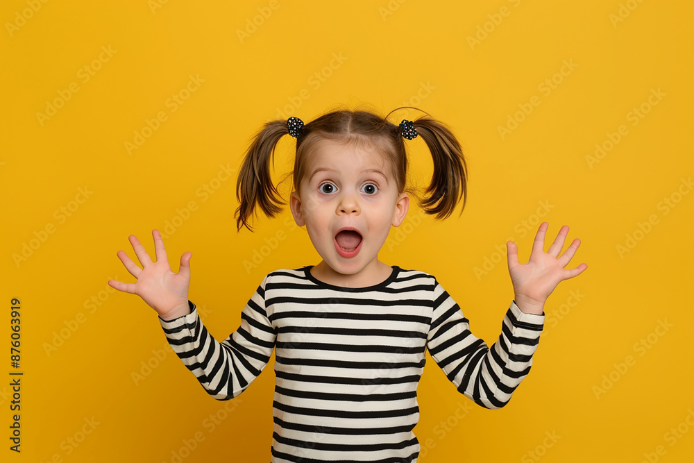A young girl with pigtails and a striped shirt expressing surprise against a yellow background, ideal for playful themes.