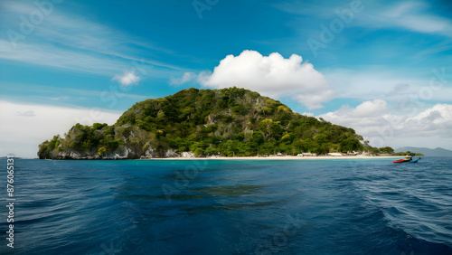 Beautiful ocean on blue sky and natural island. Side view