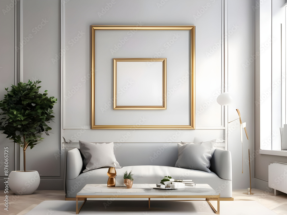 Mockup poster frame on the wall of living room. Luxurious apartment background with contemporary design. Modern interior design. 3D render, 3D illustration. Mockup poster frame on the wall of living room. Luxurious apartment background with contemporary design. Modern interior design. 3D render, 3D illustration.
