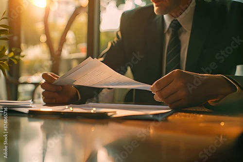 A businessman is sitting at his desk, holding papers in one hand and a pen in the other as he signs a contract photo