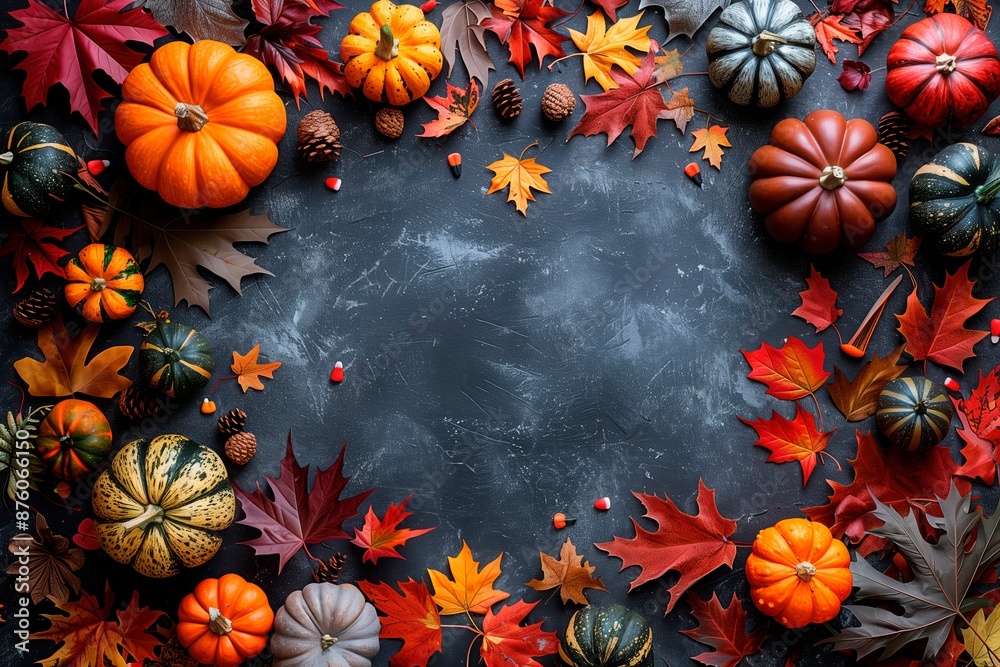 Fototapeta premium Halloween pumpkins on textured surface. Maple leaves. Top view. Copy space. Natural light. Flat lay