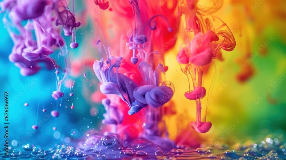 Obraz premium Vibrant ink droplets in water forming abstract patterns, showcasing a blend of colors and artistic fluid motion.