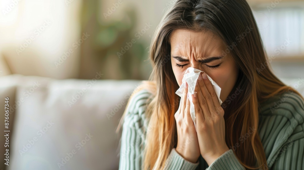 A woman sneezing into a tissue while sitting in her living room, illustrating common cold or allergy symptoms. A woman sneezing into a tissue while sitting in her living room, illustrating common cold or allergy symptoms.