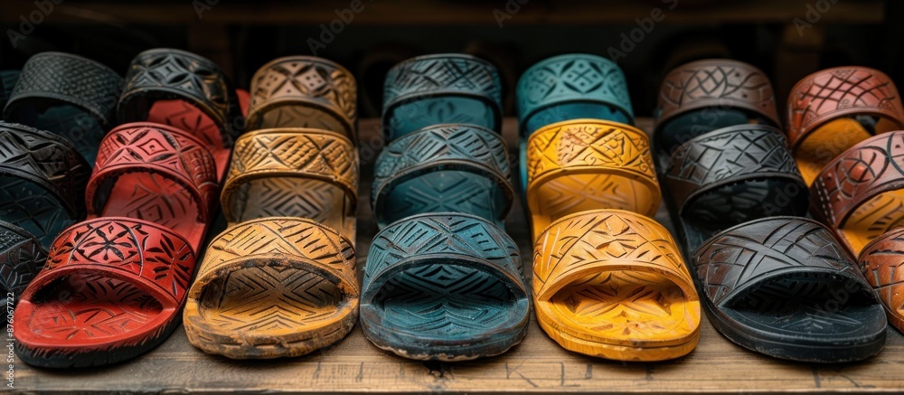 Fototapeta premium Assortment of Colorful Sandals with Intricate Carvings