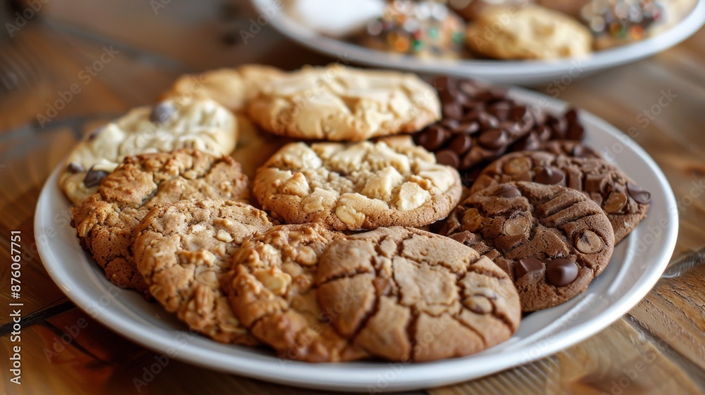 A plate of assorted homemade cookies including oatmeal raisin, peanut butter, and sugar cookies. A plate of assorted homemade cookies including oatmeal raisin, peanut butter, and sugar cookies.