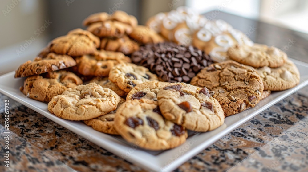 A plate of assorted homemade cookies including oatmeal raisin, peanut butter, and sugar cookies. A plate of assorted homemade cookies including oatmeal raisin, peanut butter, and sugar cookies.