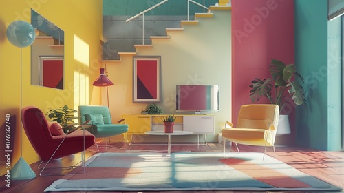Contemporary Living: Vibrant Colors and Minimalist Furnishings in Modern Interior Scene © Wp Background