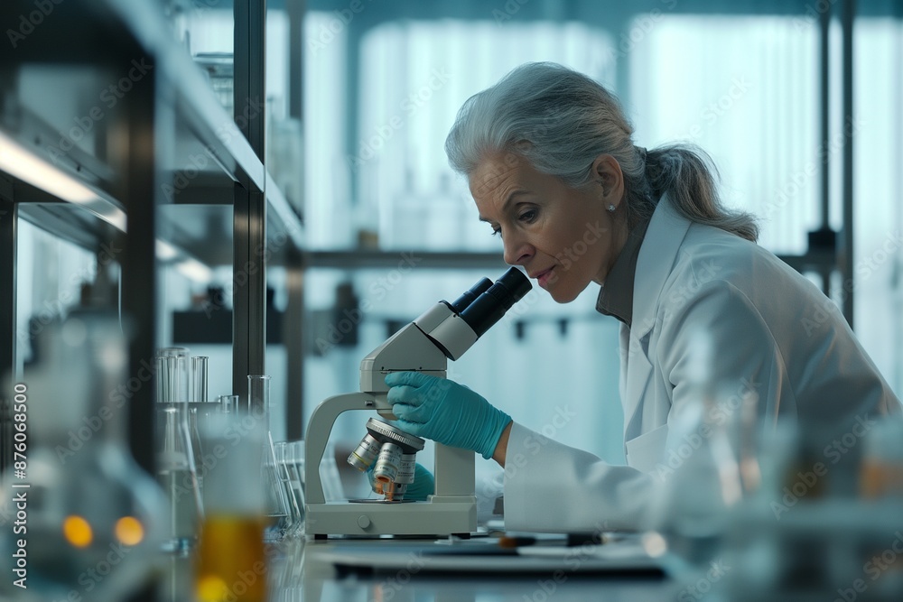 Senior Female Scientist Examining Sample Under Microscope in Laboratory Senior Female Scientist Examining Sample Under Microscope in Laboratory