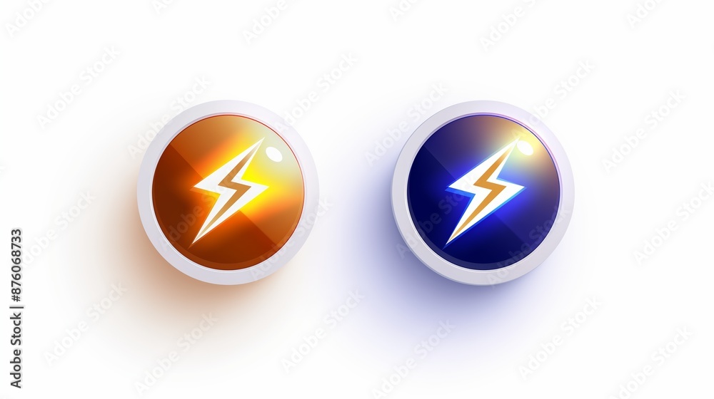 3D illustration of two energy or electricity icons showing a spark or lightning, in tones of amber and indigo 3D illustration of two energy or electricity icons showing a spark or lightning, in tones of amber and indigo