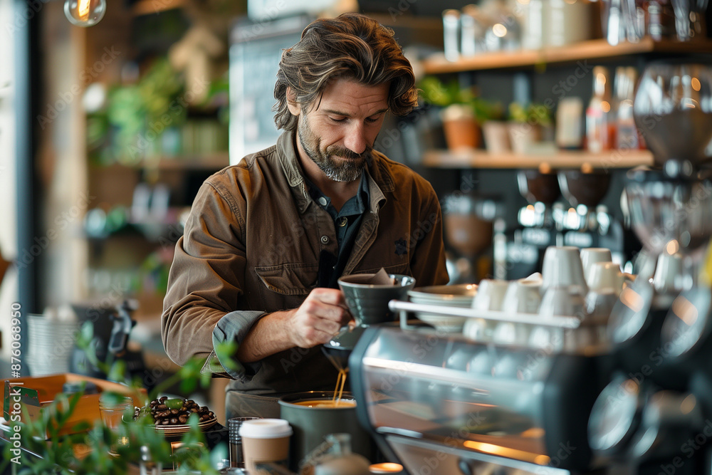 Barista making coffee behind the counter in a trendy café Barista making coffee behind the counter in a trendy café
