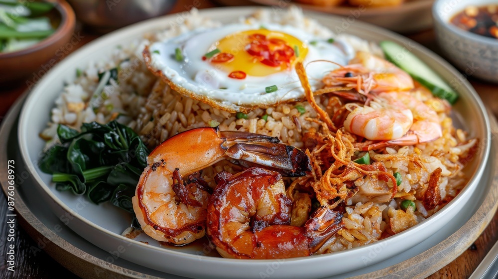 A plate of Indonesian nasi goreng with fried rice, shrimp, chicken, egg, and crispy shallots on top. A plate of Indonesian nasi goreng with fried rice, shrimp, chicken, egg, and crispy shallots on top.