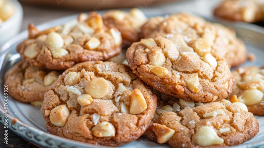 A plate of macadamia nut cookies with chunks of nuts and white chocolate chips, served on a dessert plate. A plate of macadamia nut cookies with chunks of nuts and white chocolate chips, served on a dessert plate.