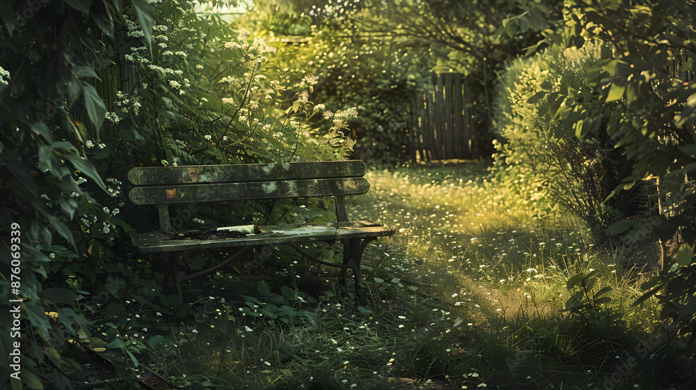 A wooden bench is sitting in a lush green forest A wooden bench is sitting in a lush green forest