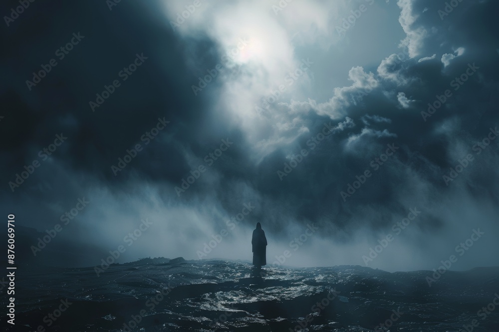 Solitary figure stands amid stormy sea, dark clouds part to reveal light above. Solitary figure stands amid stormy sea, dark clouds part to reveal light above.