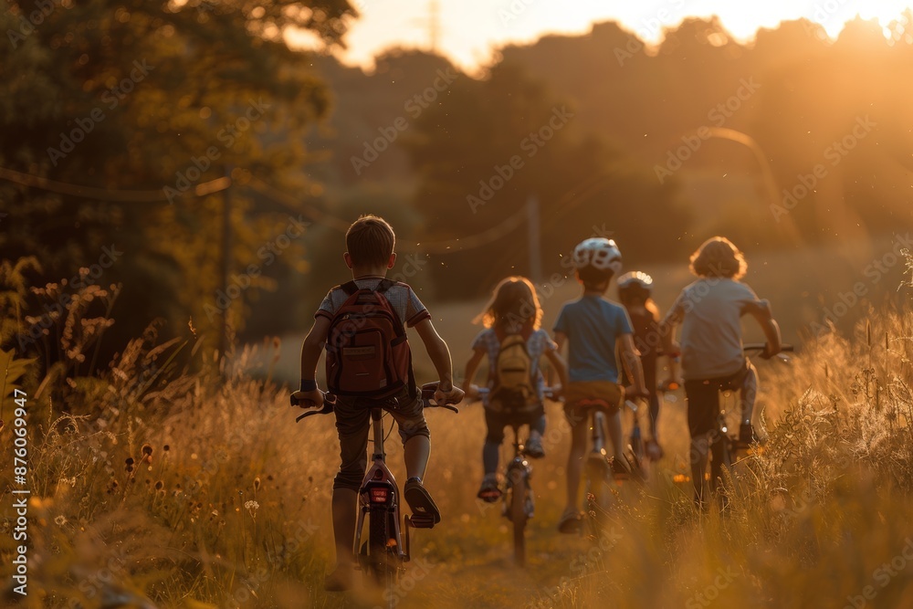Fototapeta premium Children cycling through a golden field at sunset.