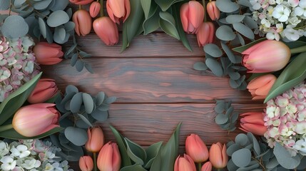 A circular wreath of fresh tulips and eucalyptus leaves is arranged on a dark rustic wooden background for seasonal banner designs.