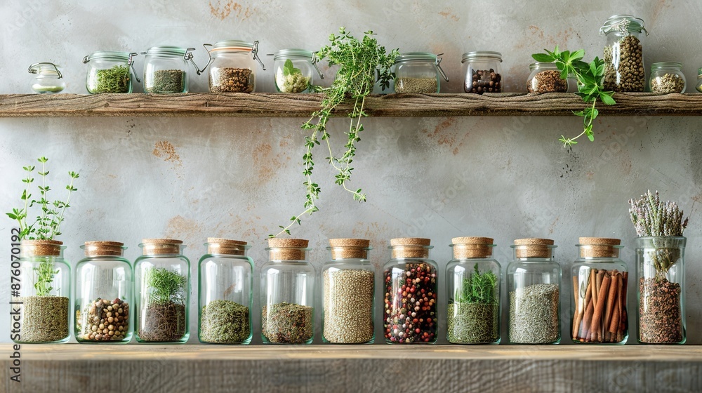 Rustic Elegance - Herbs and Spices in Glass Jars With Natural Textures Rustic Elegance - Herbs and Spices in Glass Jars With Natural Textures