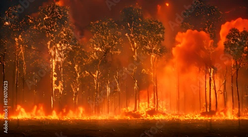 a forest on fire, trees burning in the background with smoke and flames coming out of them photo