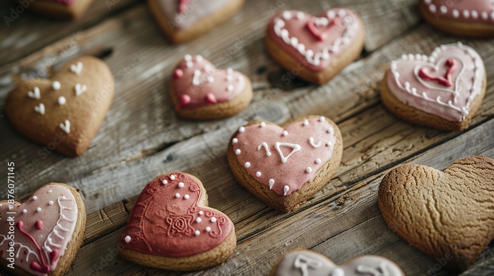 Delightful Heart-Shaped Cookies with Icing Decorations on Rustic Wooden Table Delightful Heart-Shaped Cookies with Icing Decorations on Rustic Wooden Table
