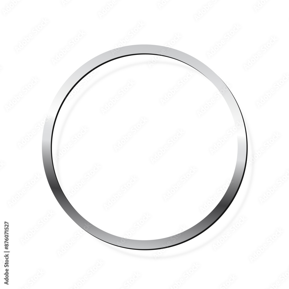 Silver round photo frame on white background. Steel circle game button. Silver ring. Blank space for picture, painting, card. Realistic chrome empty template vector illustration. Simple object mockup