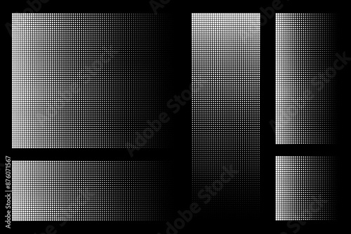 Pixel dot pattern. Pixelated disintegration background. Dispersed dotted mosaic textures with simple square particles and decay effect. Set abstract vector isolated on black photo