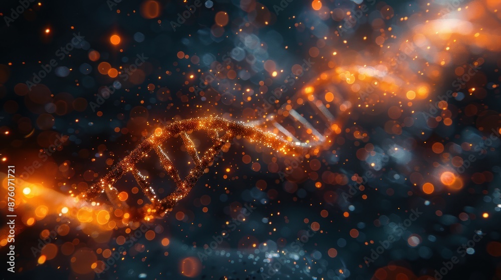 The DNA helix model is enlarged in orange on a dark background The DNA helix model is enlarged in orange on a dark background