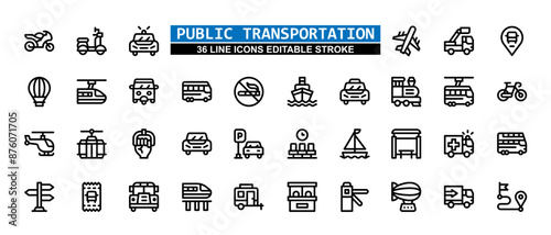 36 Public Transportation Line Icons Set Pack Editable Stroke Vector Illustration.