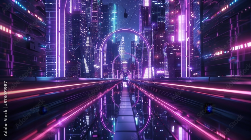 Futuristic hallway with neon pink and blue lights creating geometric patterns Futuristic hallway with neon pink and blue lights creating geometric patterns