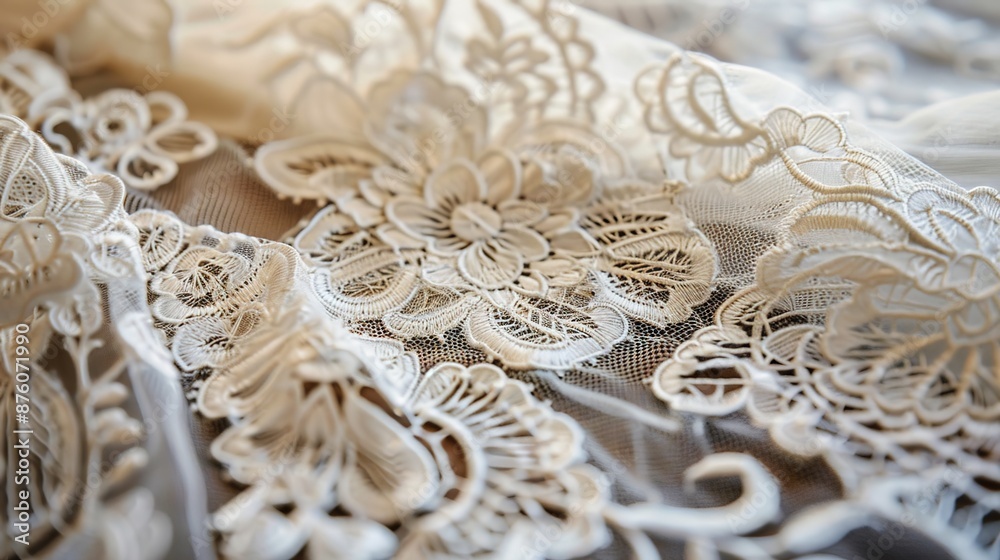 Obraz premium Elegantly Detailed - Close-up of Intricate Lace Patterns on Vintage Wedding Gown