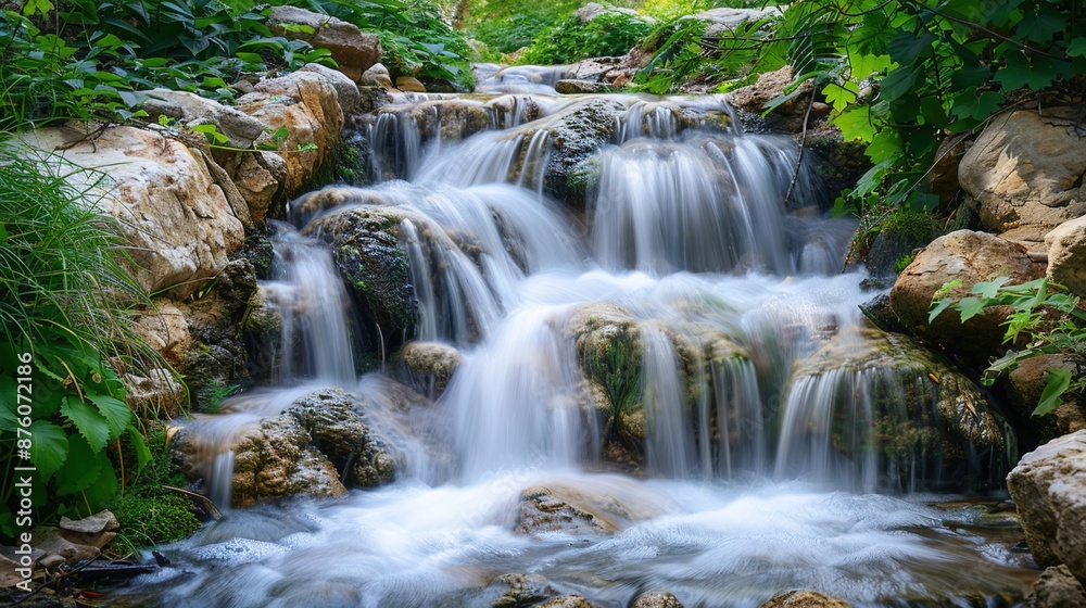 Soft-focus image of a gentle waterfall cascading over rocks, creating a serene landscape Soft-focus image of a gentle waterfall cascading over rocks, creating a serene landscape