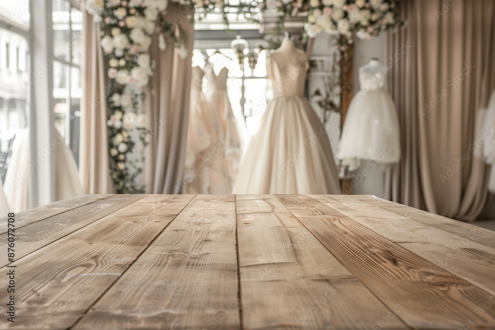 Empty light square wooden table in wedding shop, a blur clean light background Empty light square wooden table in wedding shop, a blur clean light background