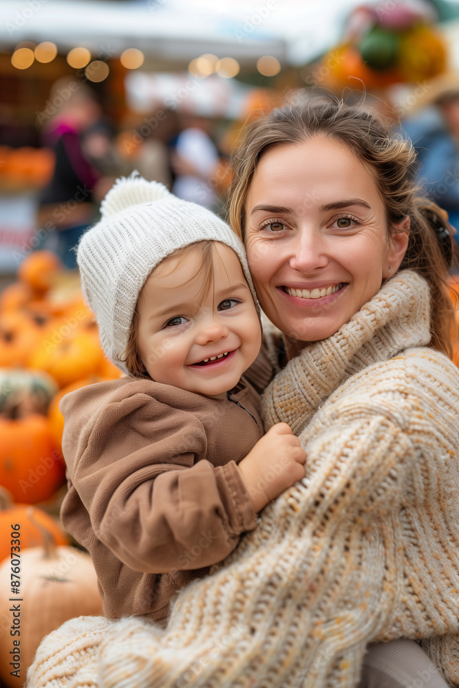 Mother and child having fun at autumn fair. Funny kid surrounded by pumpkins at seasonal town market. Thanksgiving fun and activities for families with kids. Mother and child having fun at autumn fair. Funny kid surrounded by pumpkins at seasonal town market. Thanksgiving fun and activities for families with kids.