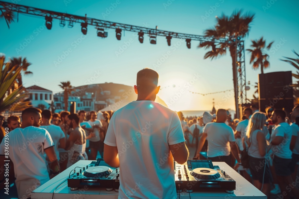 A DJ performs for a crowd of people at an outdoor party, as the sun sets behind the stage.