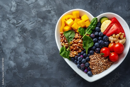 Heart-shaped bowl stuffed with fruits, vegetables, whole grains, and other healthy diet foods