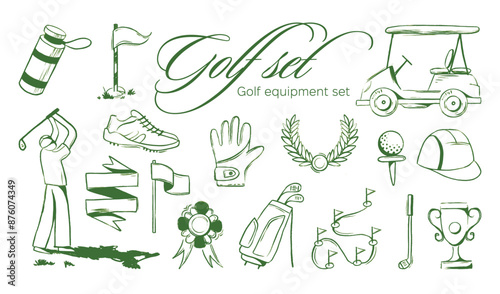 Golf equipment set logo icons sports gear for game. Golfer hits ball on golf course. Golf player, bags, putter, golfer, ball, hole, course, gloves. Vector illustration isolated on background
