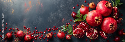 Pomegranates and seeds spread out on a dark surface, capturing the essence of freshness and abundance for Rosh Hashanah