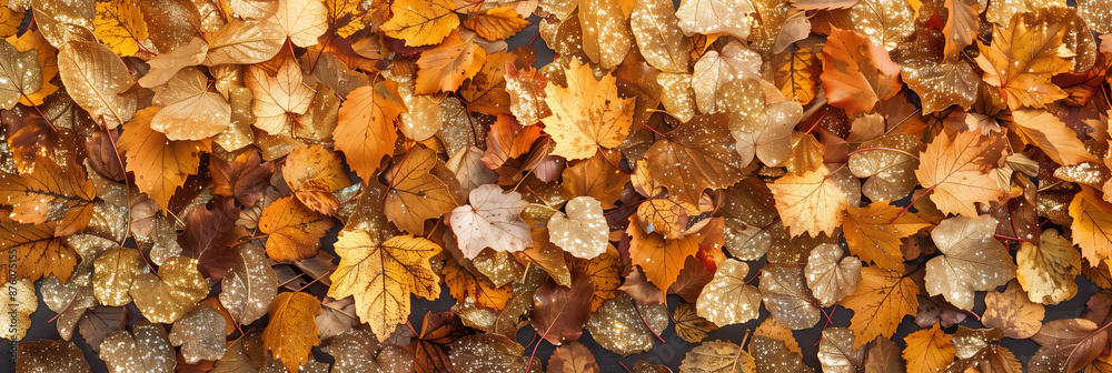 Beautiful autumn background, featuring glittering silver and golden leaves and confetti. Magical fall background. Beautiful autumn background, featuring glittering silver and golden leaves and confetti. Magical fall background.